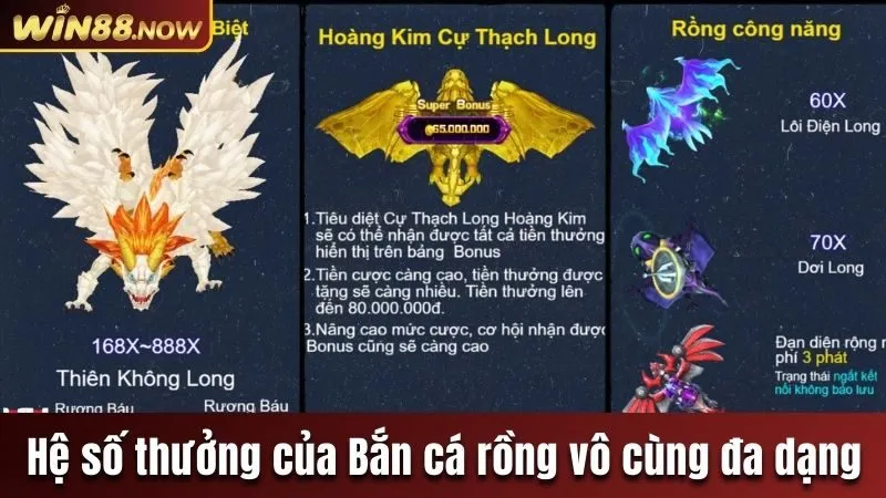 Hệ số thưởng của Bắn cá rồng vô cùng đa dạng 